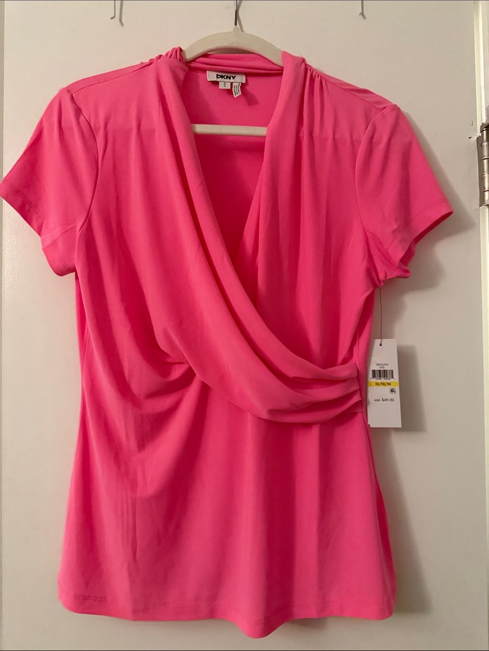 DKNY Hot Pink Draped V-Neck Short Sleeve Top